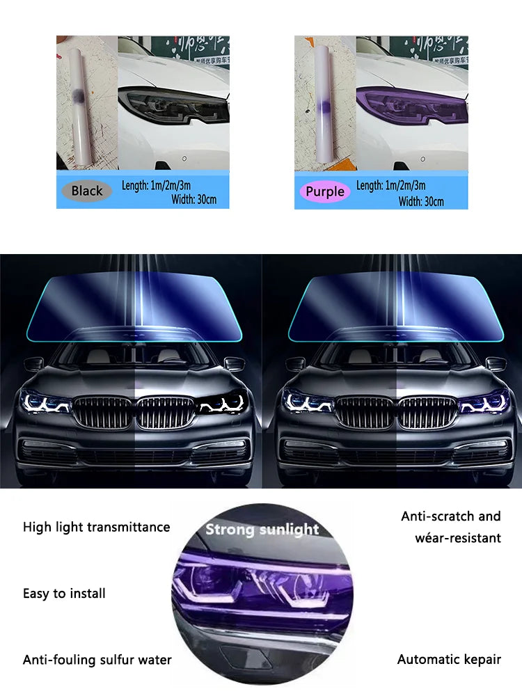 Black/purple TPU photochromic headlight film suitable for any car light decoration, scratch resistant, and protective stickers