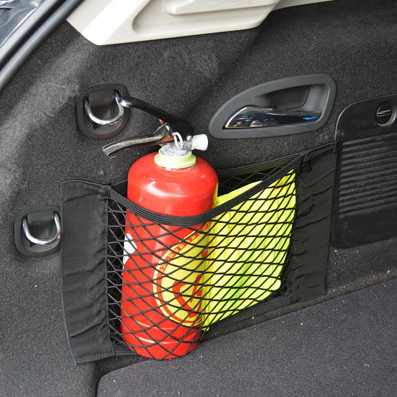 Car Seat Back Organizer Trunk Net Mesh Pocket Elastic String Magic Sticker