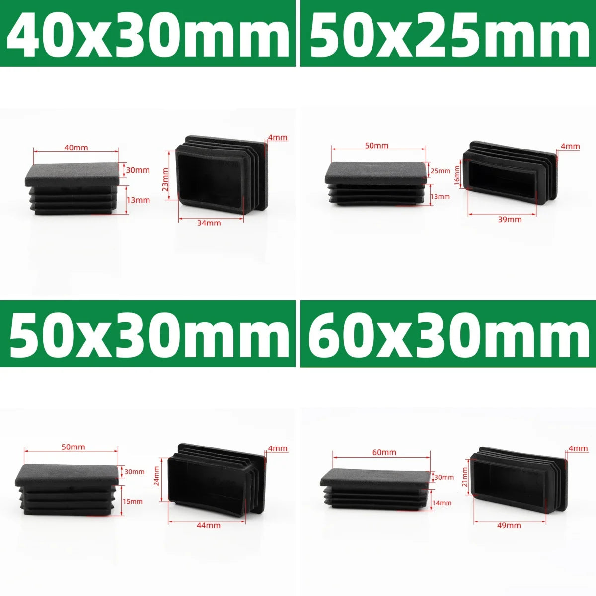 Black Square Oblong Plastic Pipe Plug Stopple Dust Plug Protective Cover Non-slip Mat Head End Cap Door Mat 16x16mm~80x40mm