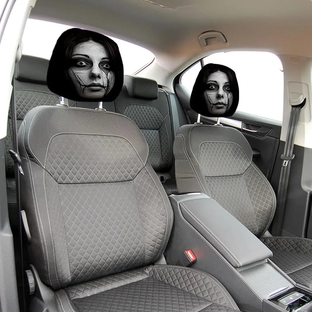 2pcs Horror Face Print Car Headrest Covers Elastic Fit Lightweight Washable