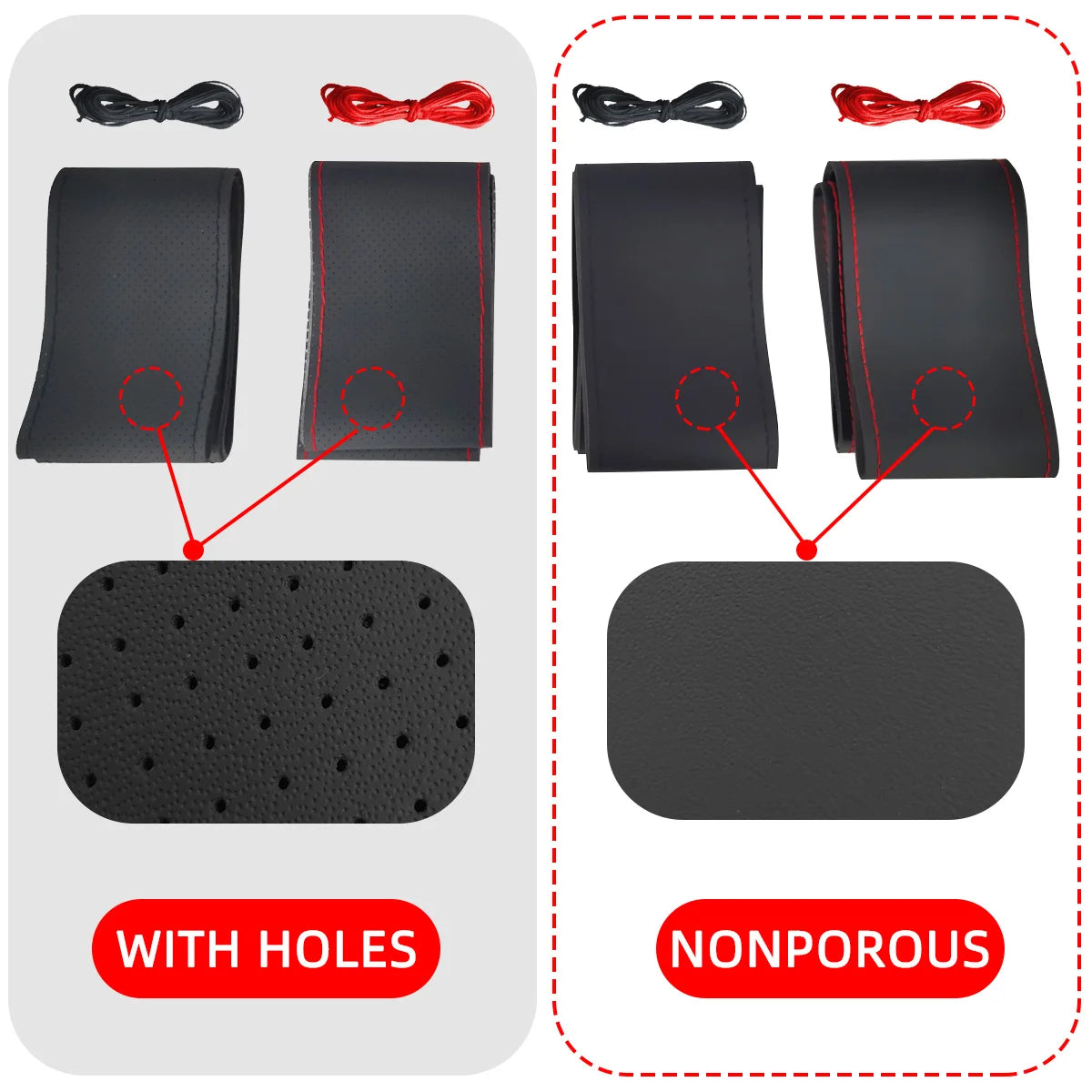Universal Leather Car Steering Wheel Stitch On Wrap Cover Fit for 38cm 14" DIY