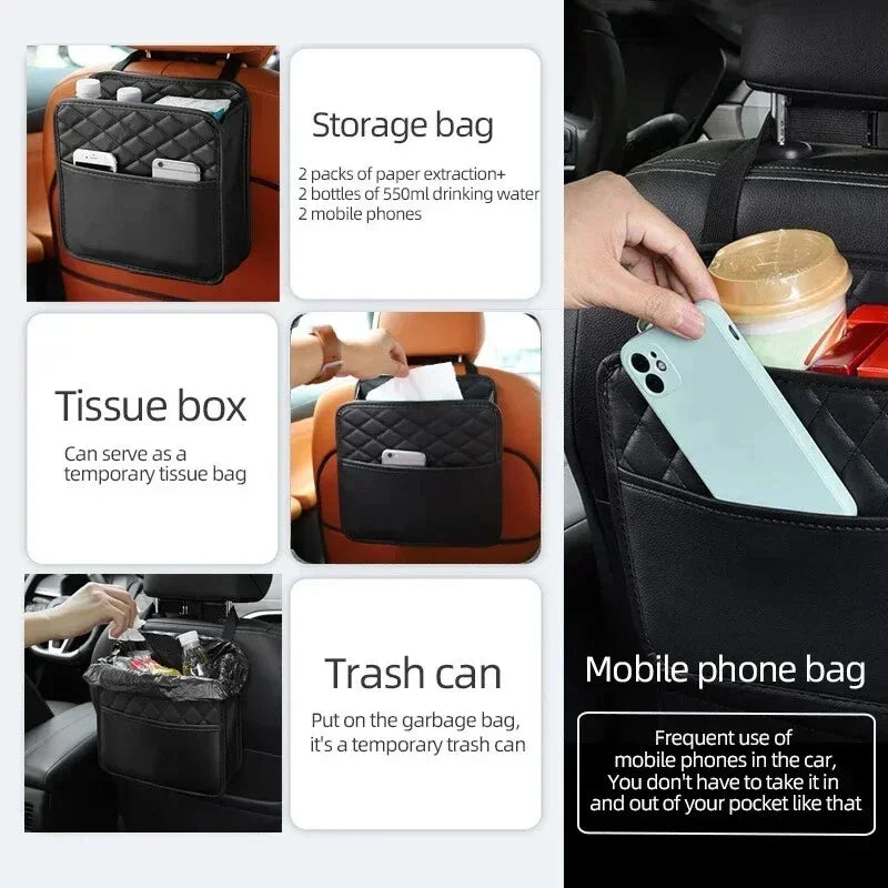 Multifunctional Car Seat Storage Bag Leather Auto Organizer Garbage Interior