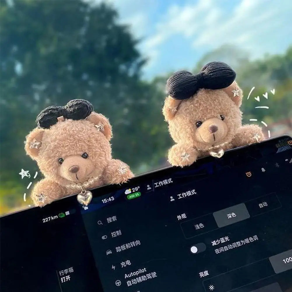 Car Decoration Interior Bear Screen Ornaments Plush Cartoon Cute Center Console Premium Automotive Accessory