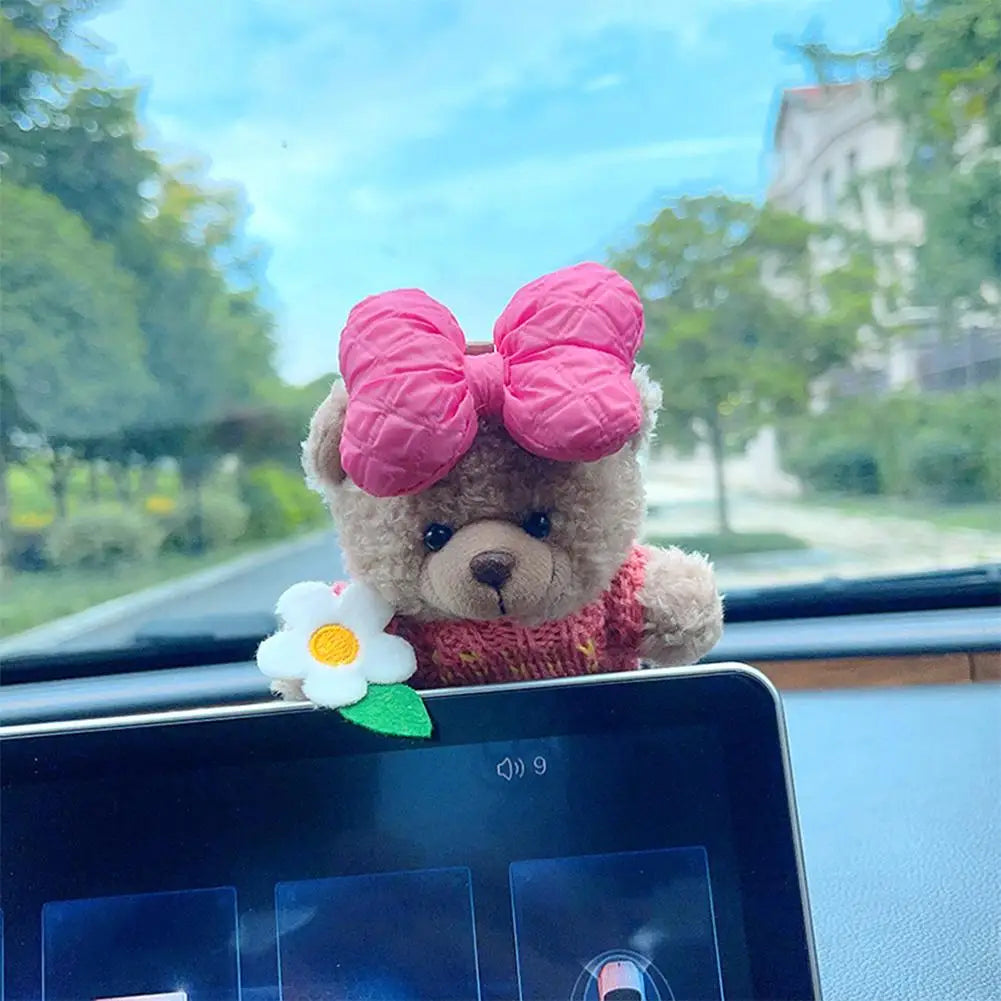 Car Decoration Interior Bear Screen Ornaments Plush Cartoon Cute Center Console Premium Automotive Accessory