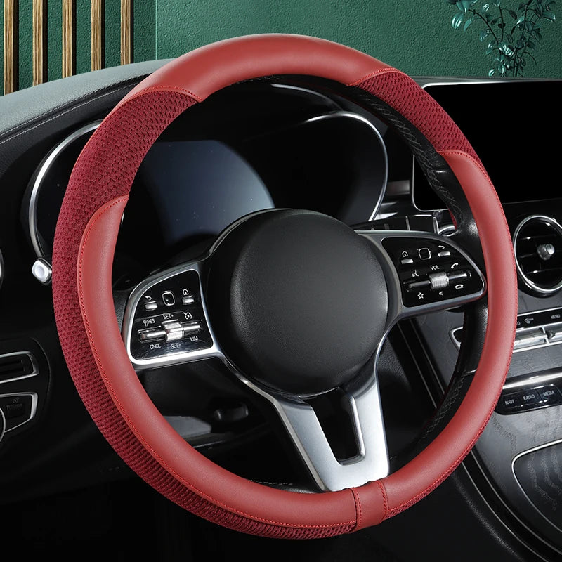 Car Steering Wheel Cover Premium Leather Stitched with Breathable Mesh Fabric