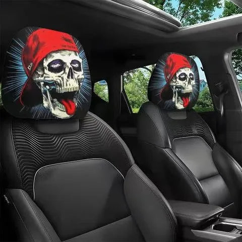 2pcs Horror-Themed Car Headrest Covers Black White Face Design Unfilled Interior