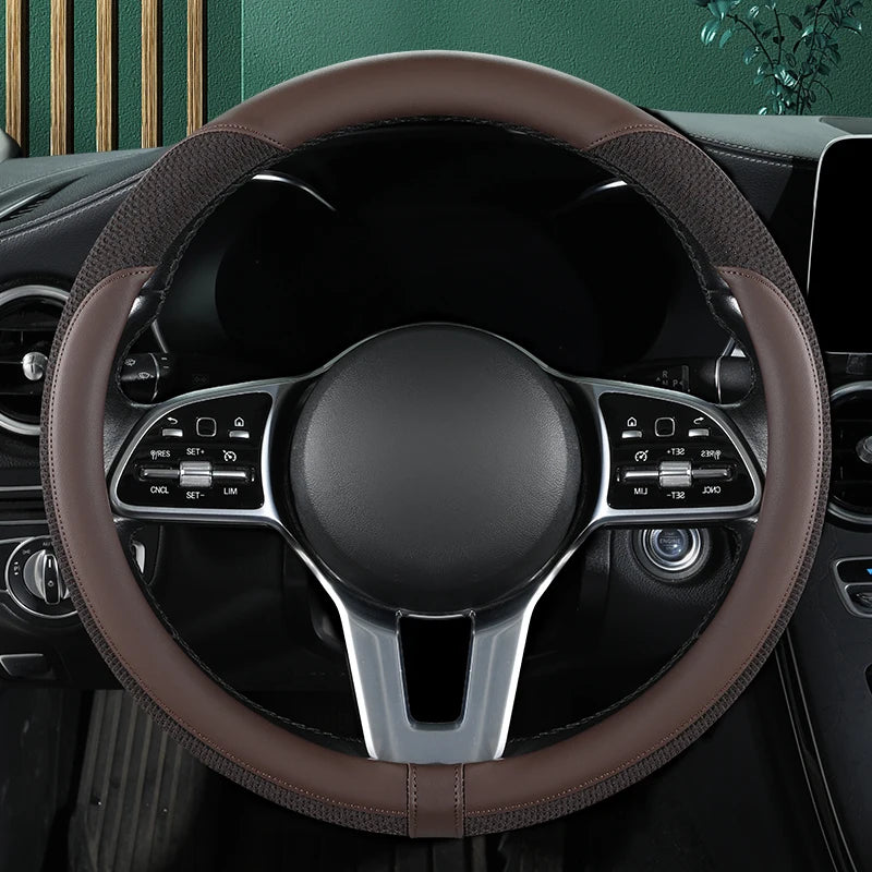 Car Steering Wheel Cover Premium Leather Stitched with Breathable Mesh Fabric