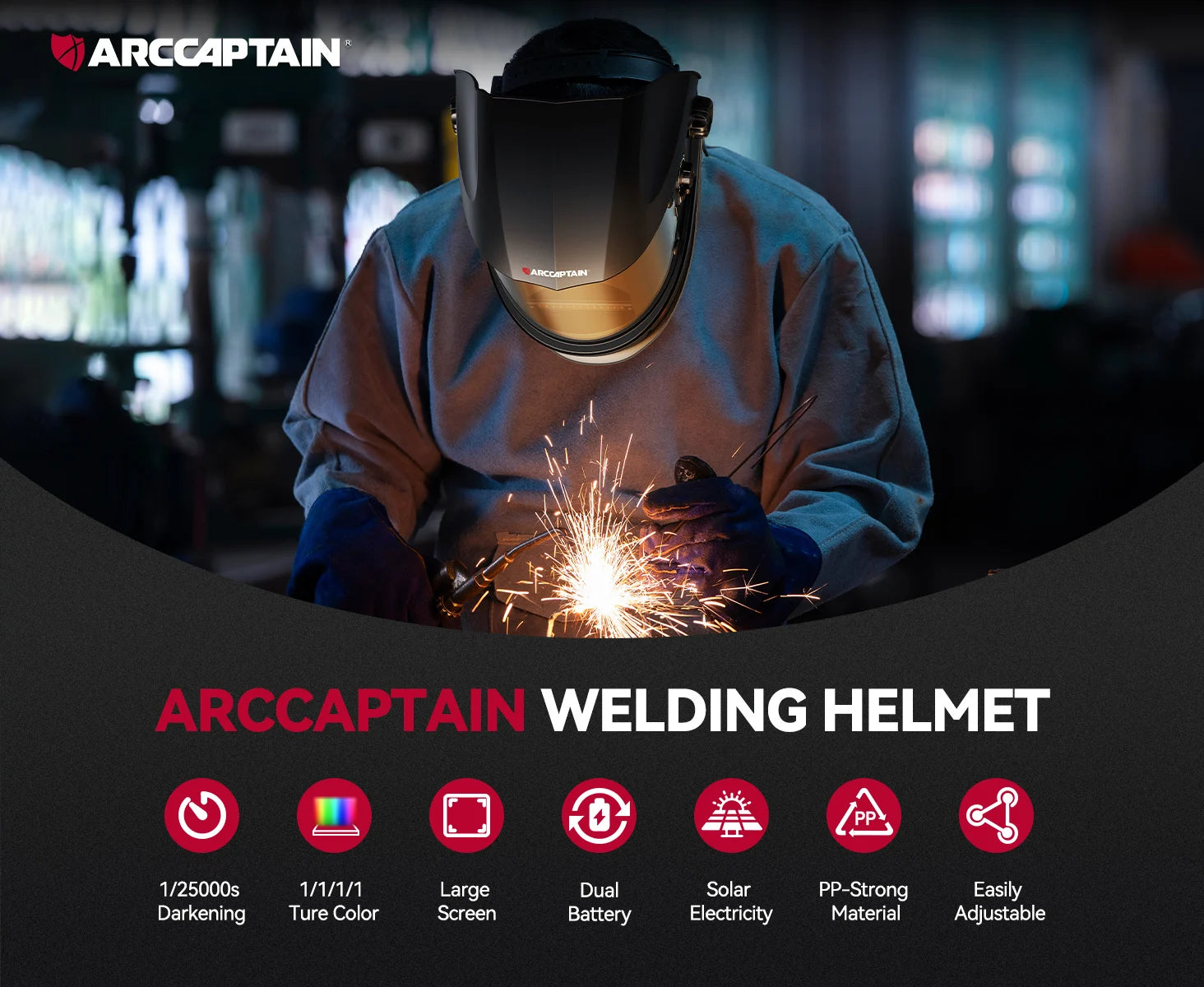 ARCCAPTAIN Auto Darkening Welding Helmet 1/1/1/1 Large Viewing 4 Arc Sensor Solar Power Welding Mask For ARC MIG MAG TIG CUT