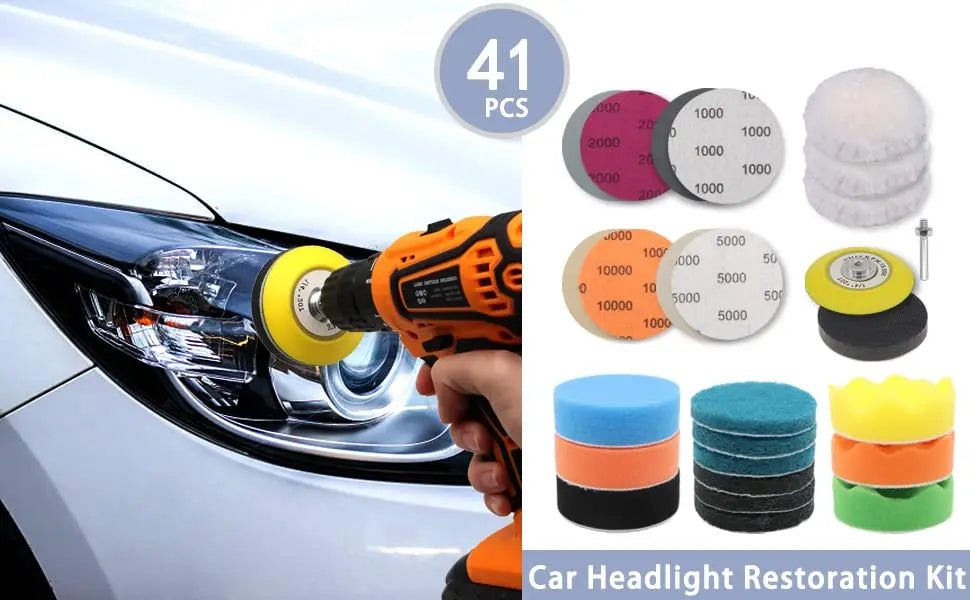 41 Pcs 3 Inch Car Headlight Restoration Kit ,Sanding Discs with Backing Pad, Scouring Pads, Wool Buffing Sponge Polishing Pads