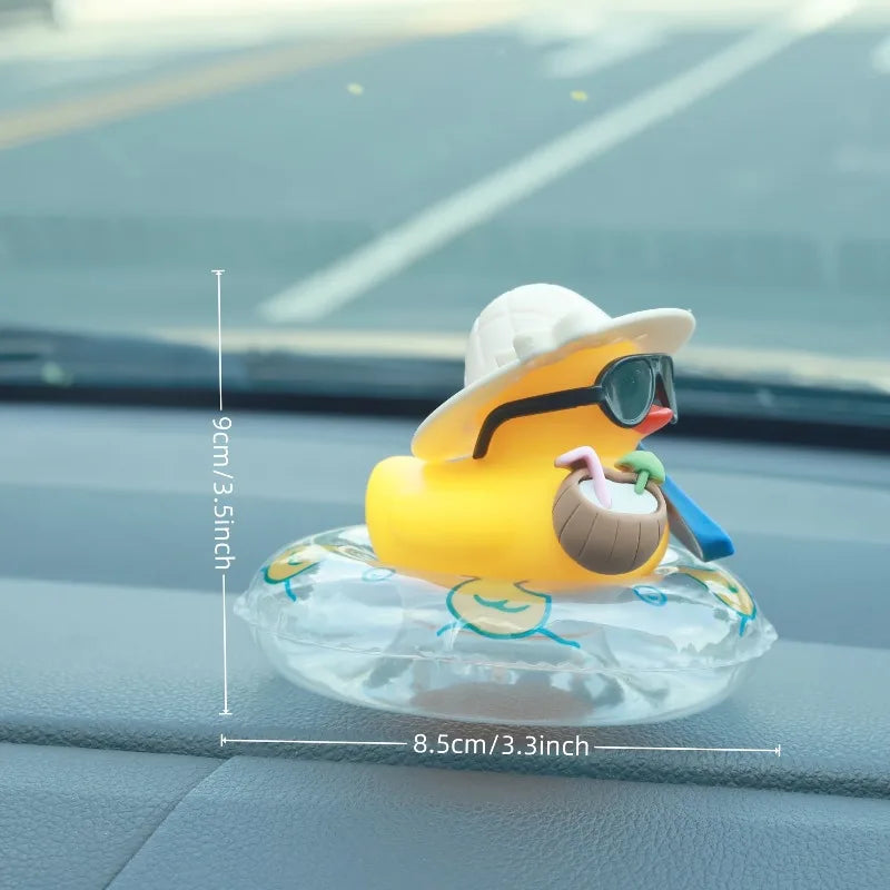 Cool Summer Duck Car Dashboard Decor, Rubber with Swim Ring & Sunglasses, Cute Premium Automotive Accessory