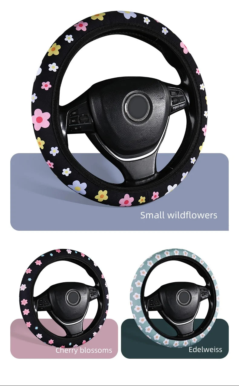 Car Steering Wheel Cover Flowers Print Anti-slip Universal Auto Steering Wheel