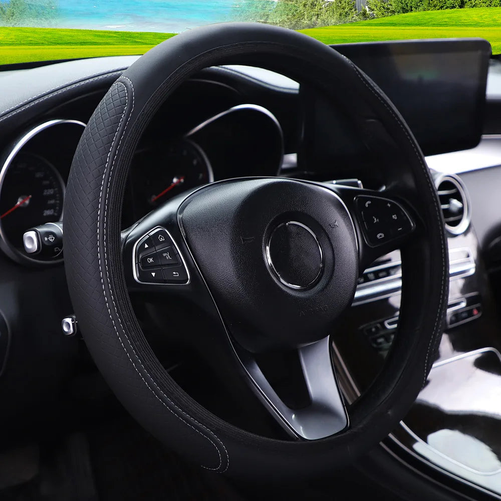 1pc Steering Wheel Cover Breathable Leather Anti Slip PU Leather Steering Covers