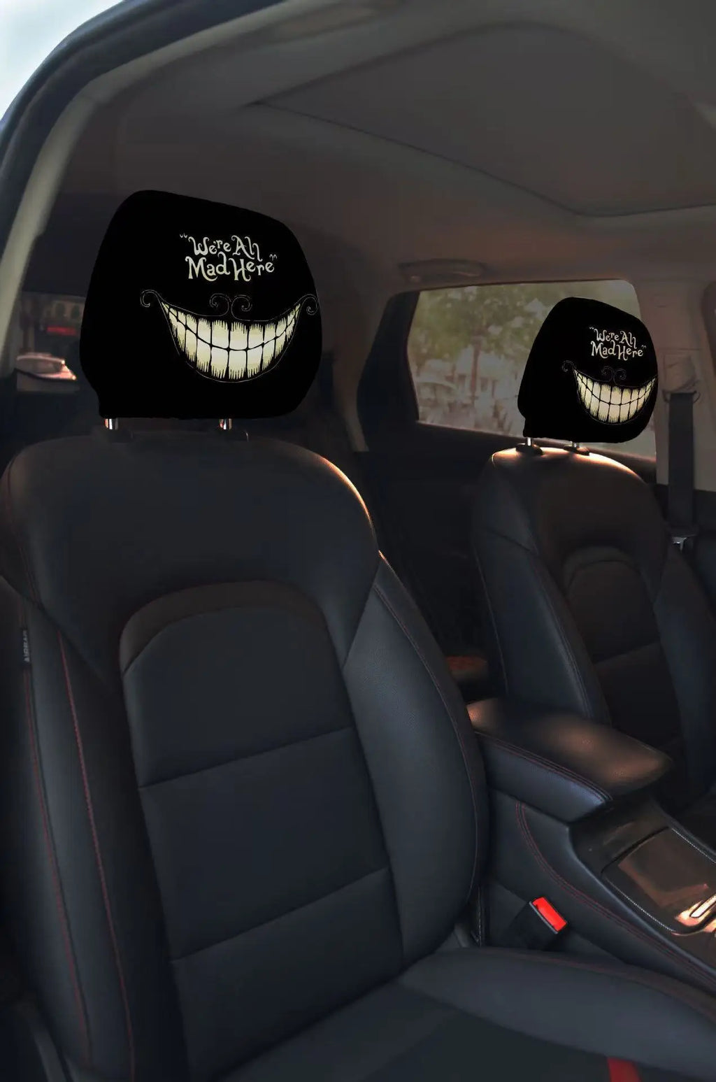 2pcs Horror-Themed Car Headrest Covers Black White Face Design Unfilled Interior