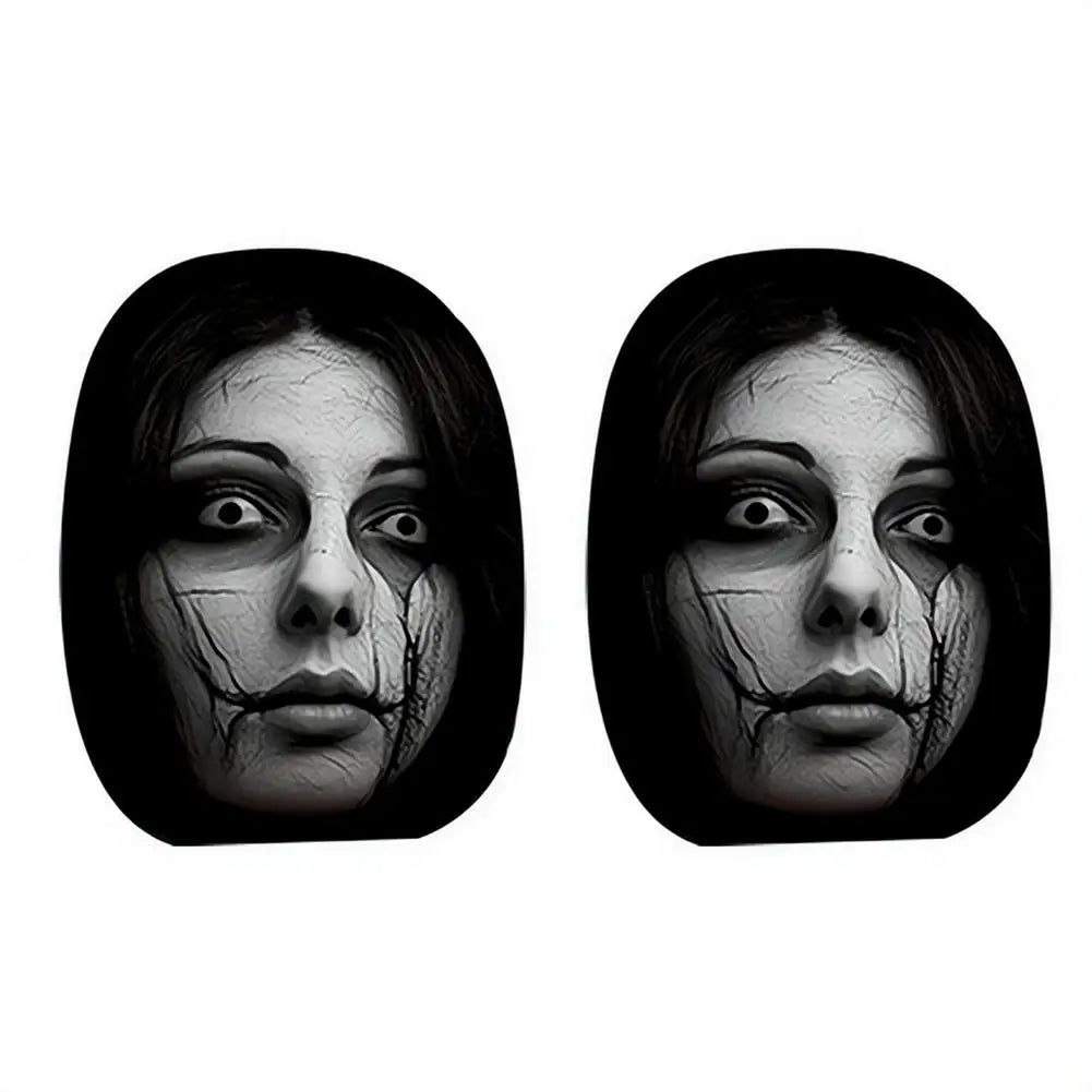 2pcs Horror Face Print Car Headrest Covers Elastic Fit Lightweight Washable
