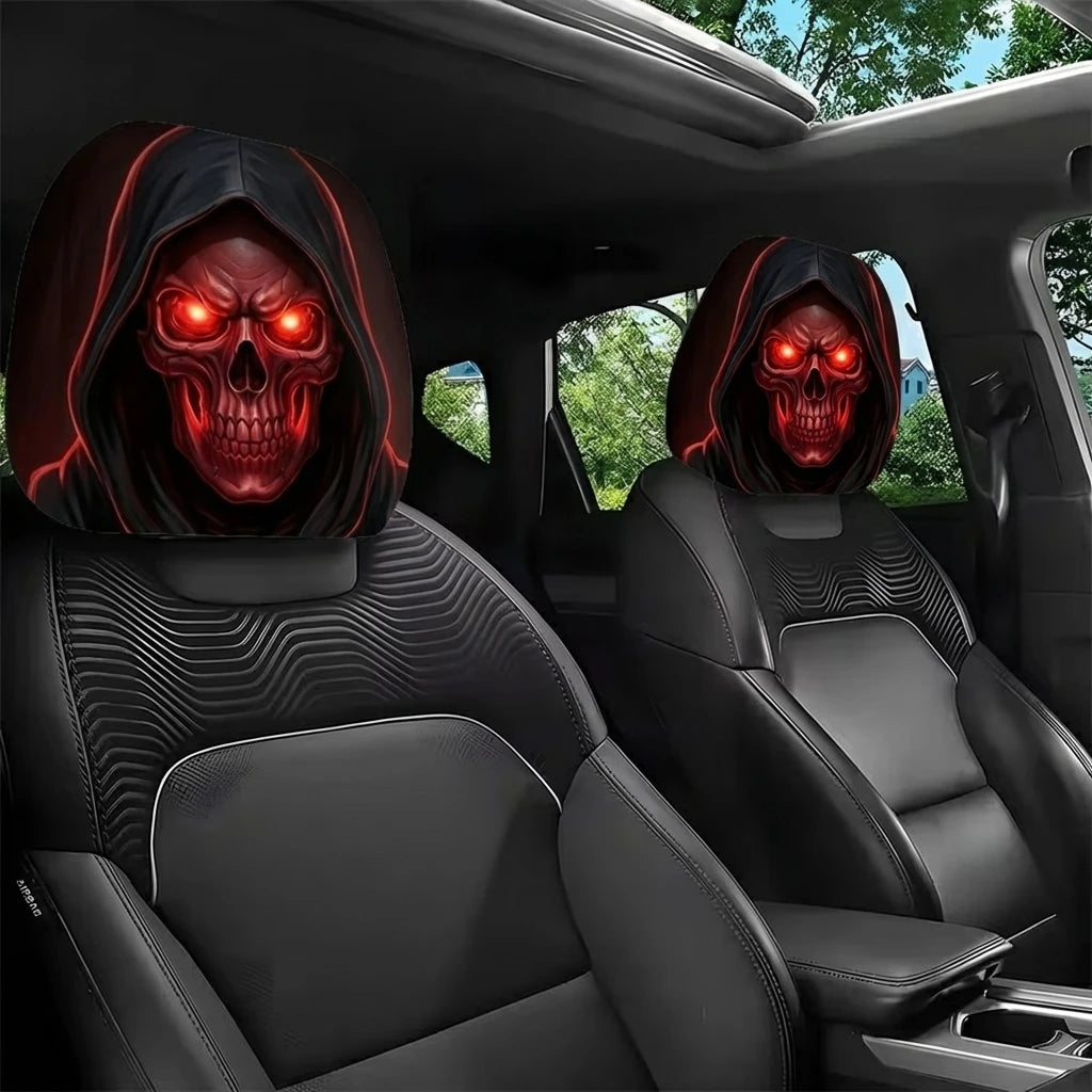 Red-Eyed Skull Print Headrest Cover Easy To Install Durable Universal Car