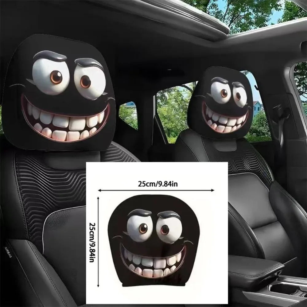 2pcs Horror-Themed Car Headrest Covers Black White Face Design Unfilled Interior