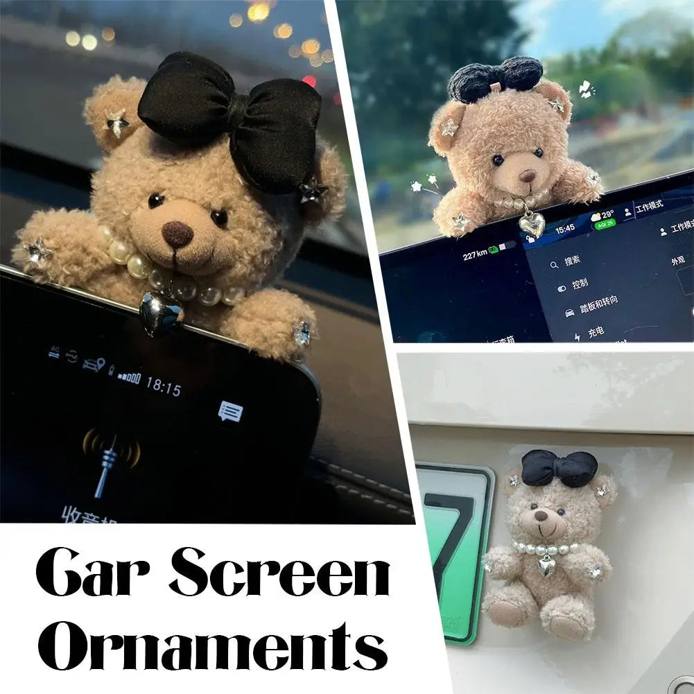 Car Decoration Interior Bear Screen Ornaments Plush Cartoon Cute Center Console Premium Automotive Accessory