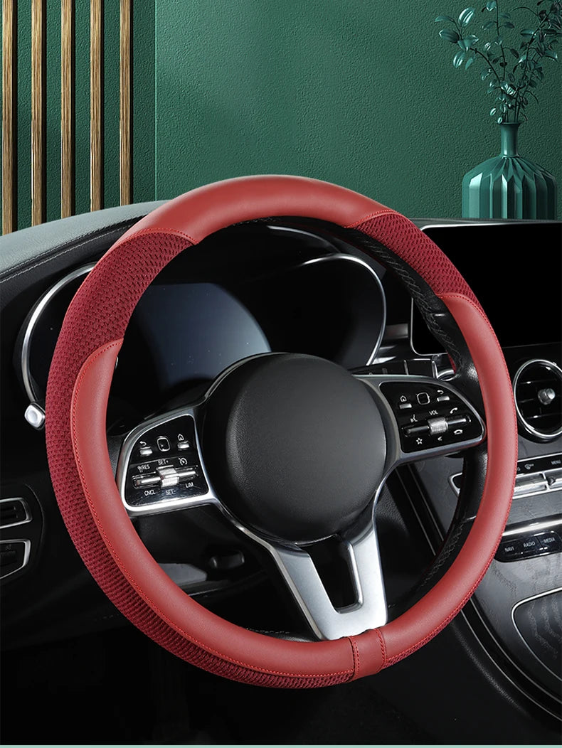 Car Steering Wheel Cover Premium Leather Stitched with Breathable Mesh Fabric