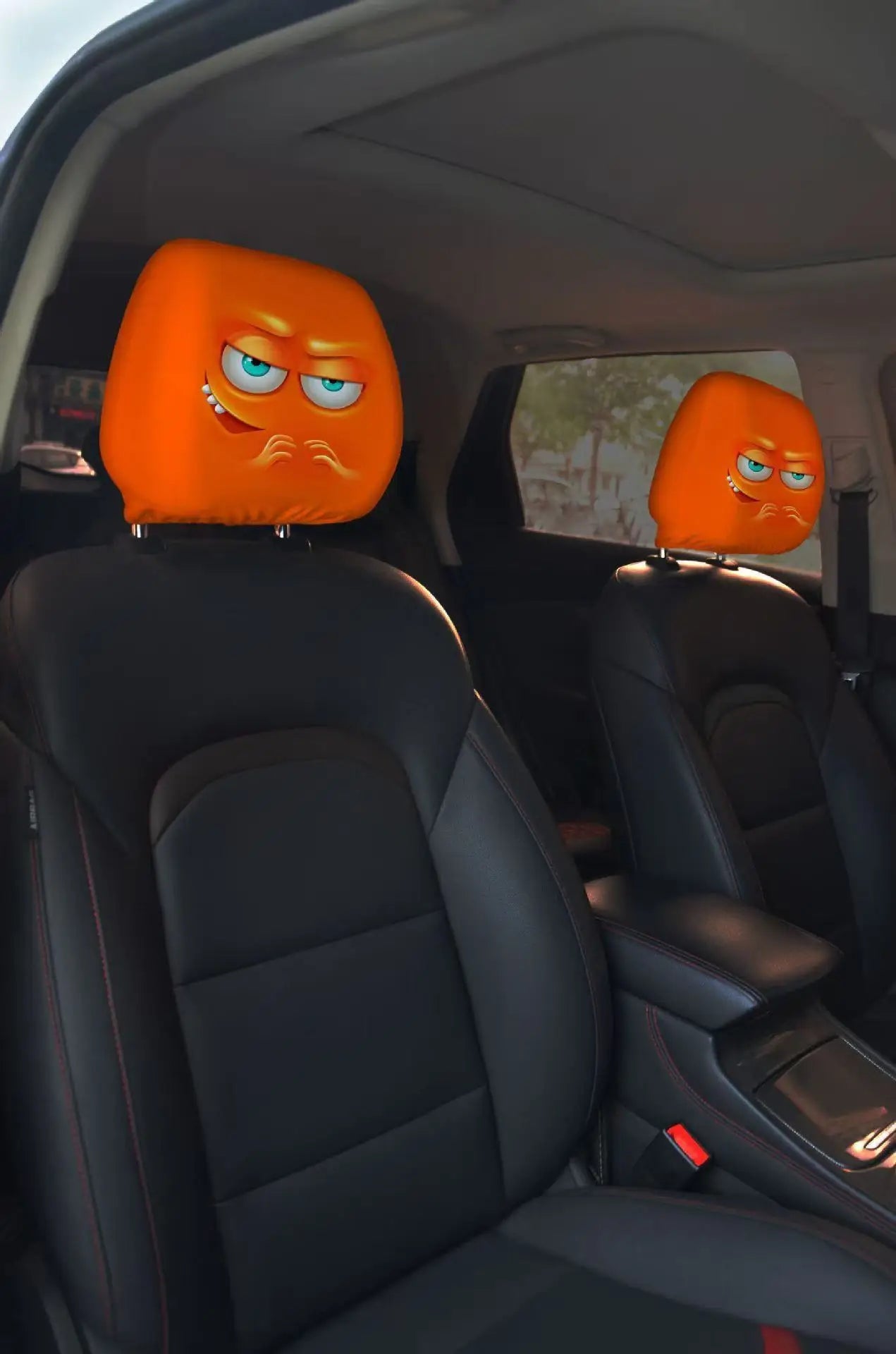 2pcs Horror-Themed Car Headrest Covers Black White Face Design Unfilled Interior