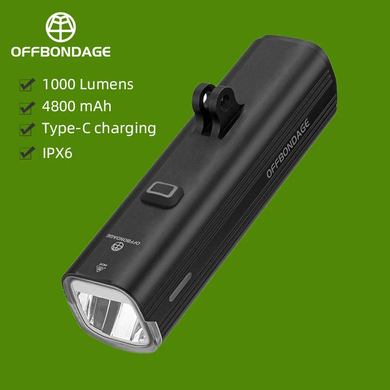 OFFBONDAGE Bike Front Light Rainproof USB Rechargeable Bicycle Light 1000LM Cycling Headlight LED 4800mAh Flashlight Bike Lamp