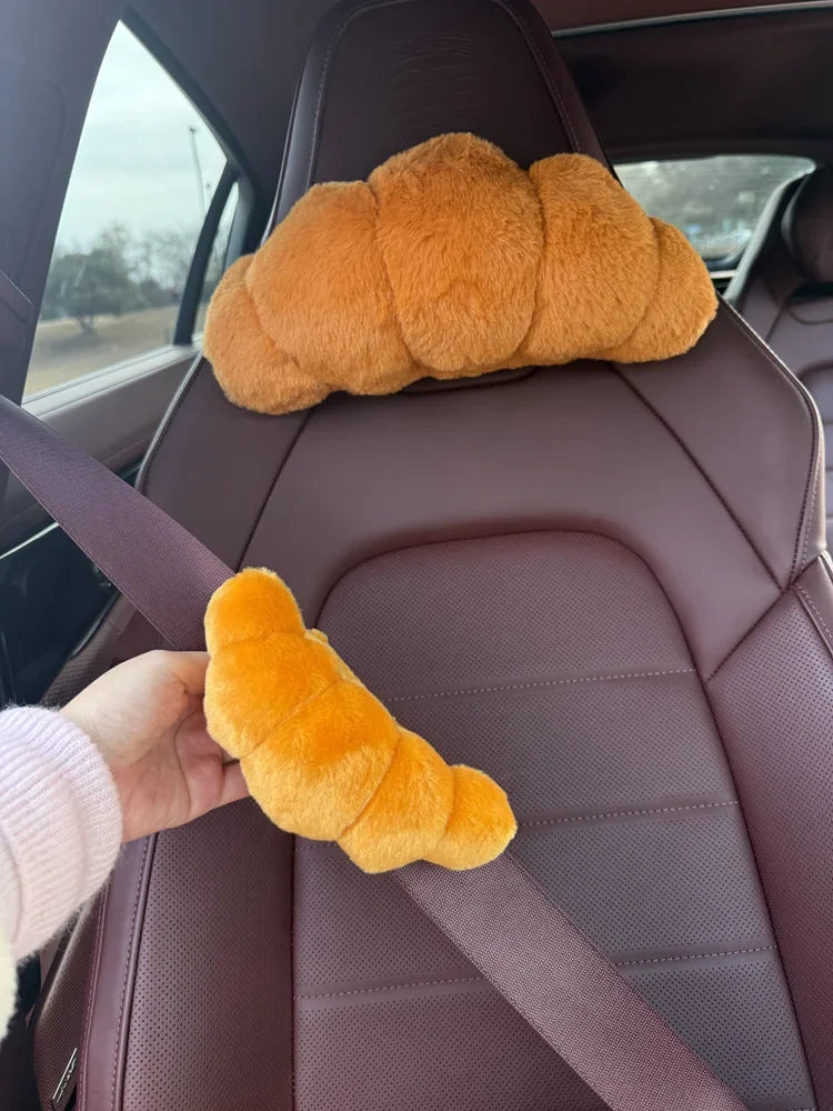 Cute Croissant Car Headrest Neck Pillow Plush Bread Seat Belt Cover Head