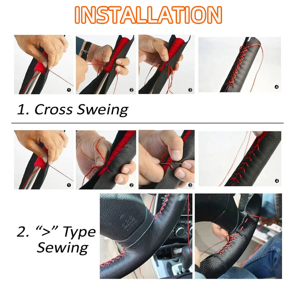 Universal Leather Car Steering Wheel Stitch On Wrap Cover Fit for 38cm 14" DIY