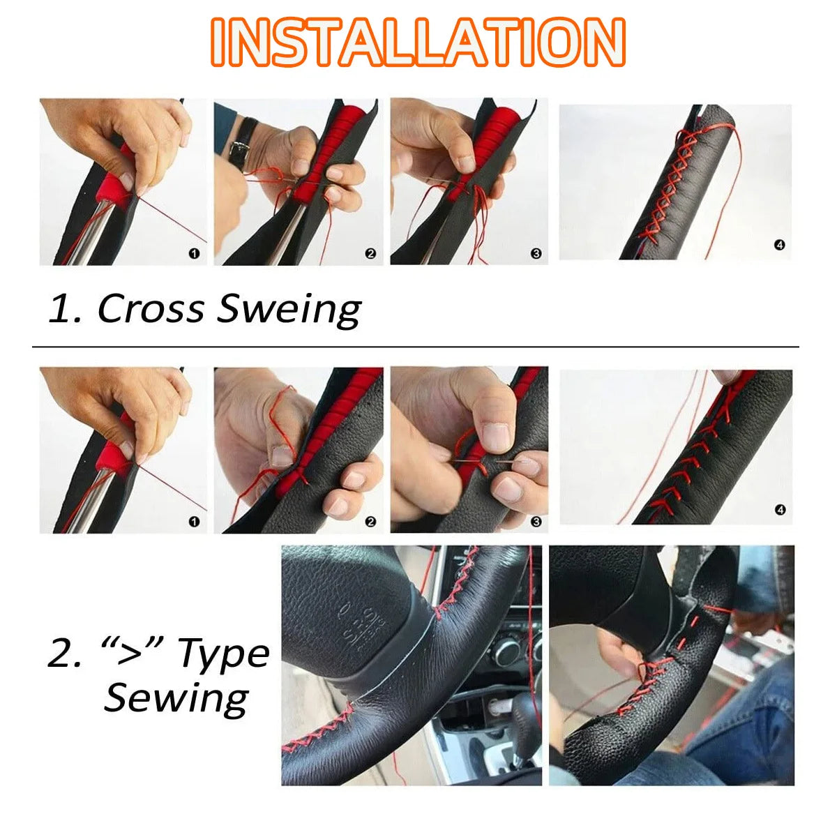 Universal Leather Car Steering Wheel Stitch On Wrap Cover Fit for 38cm 14" DIY