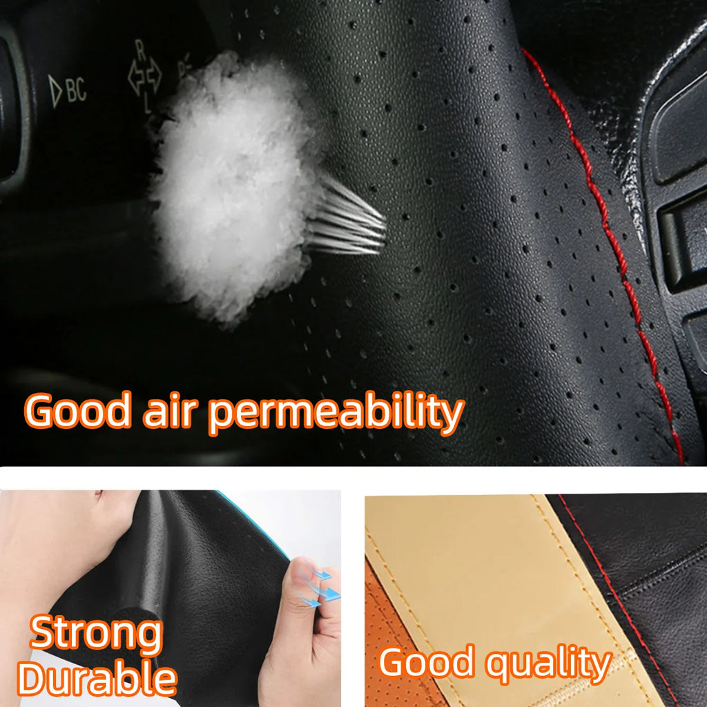 Universal Leather Car Steering Wheel Stitch On Wrap Cover Fit for 38cm 14" DIY