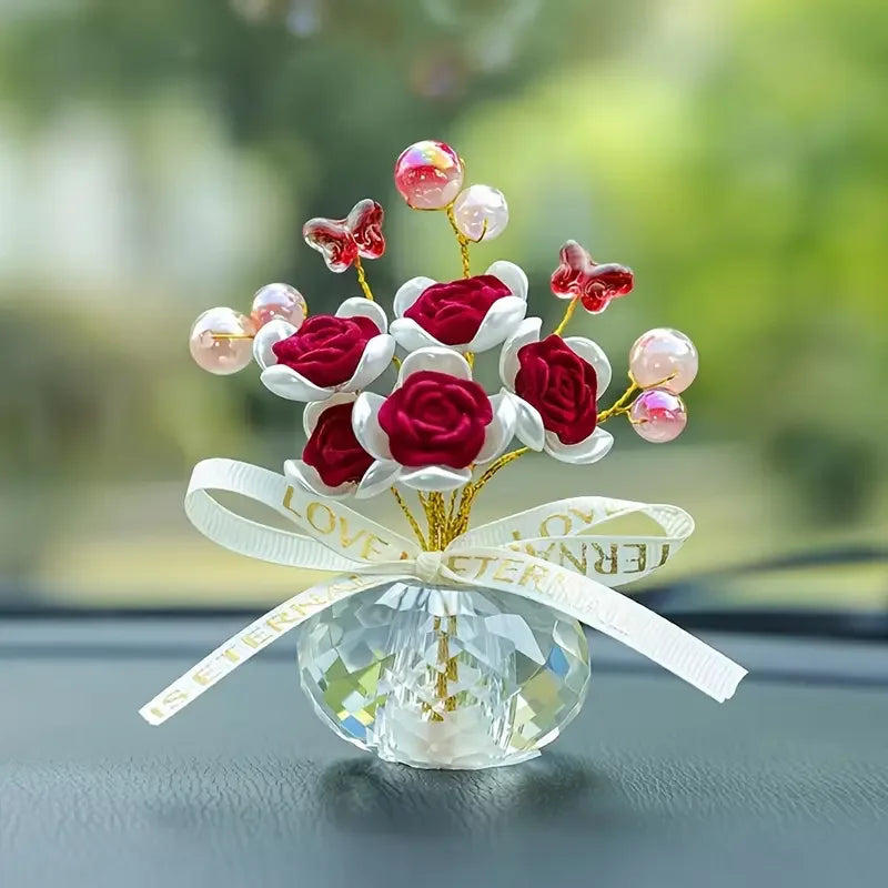 Crystal Glass Rose Dashboard Ornament Elegant Home,/Bedroom/Car Decor, Festive Premium Automotive Accessory