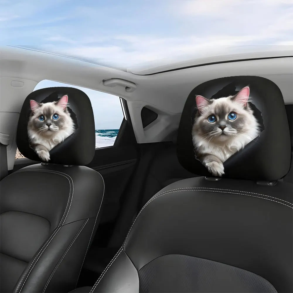 Cute Ragdoll Cat Covers 2 pcs Print Headrest Interior Protector Auto Vehicle