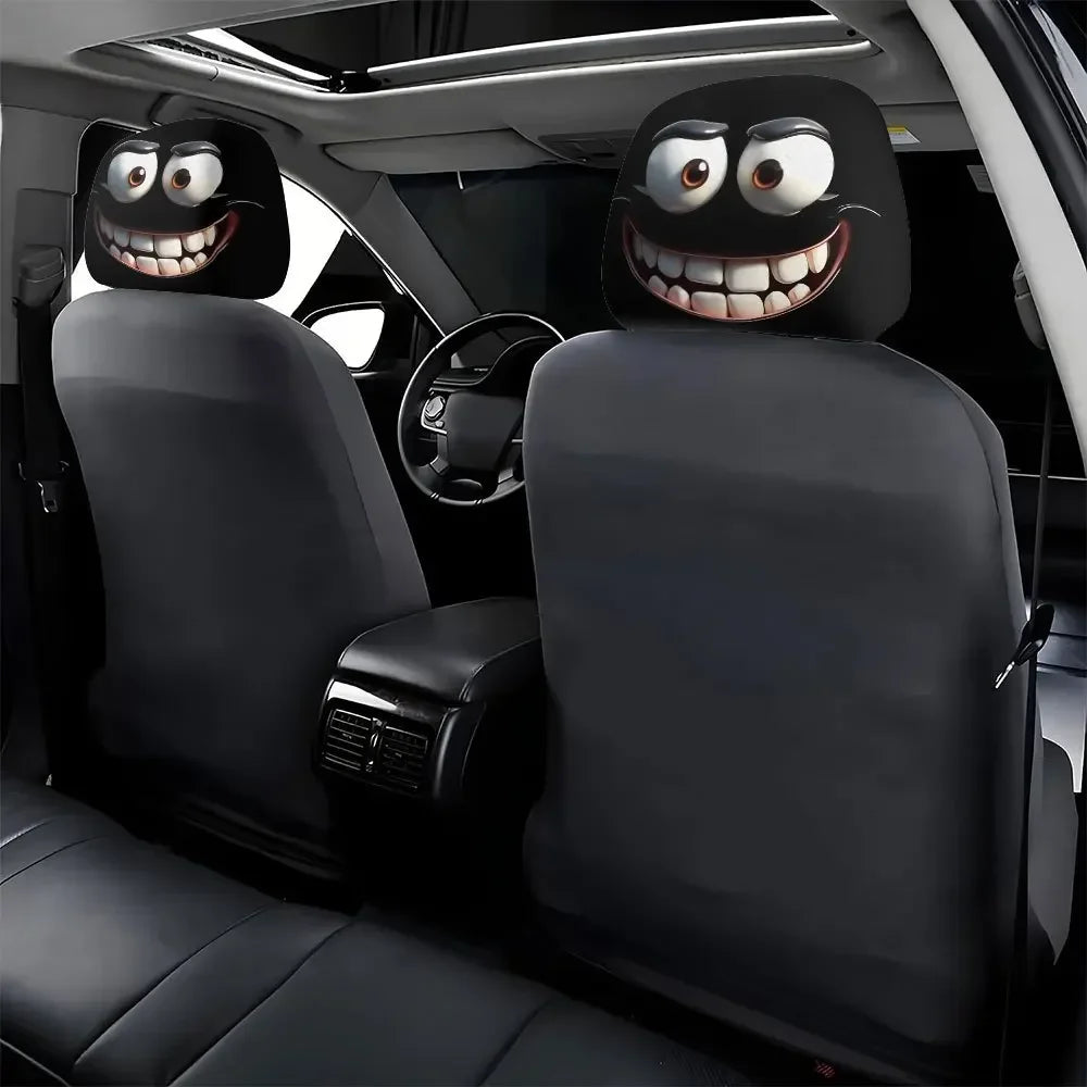 2 pcs Funny Big-Eyed Cartoon Print Car Headrest Cover Interior Auto Protector