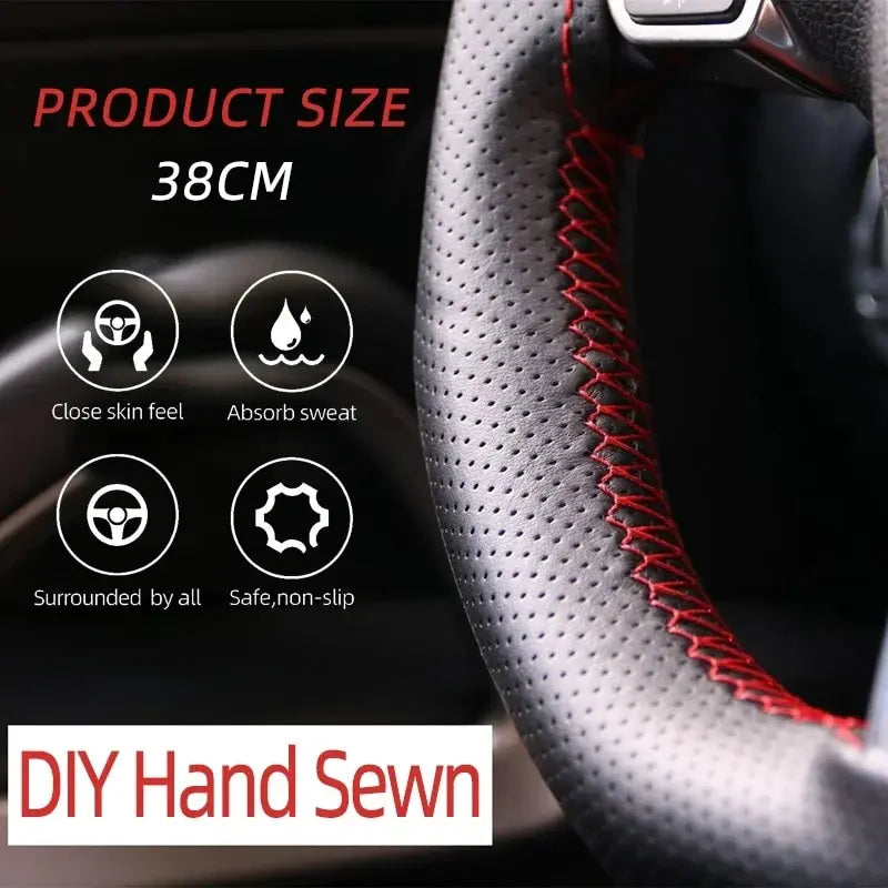 Universal Leather Car Steering Wheel Stitch On Wrap Cover Fit for 38cm 14" DIY