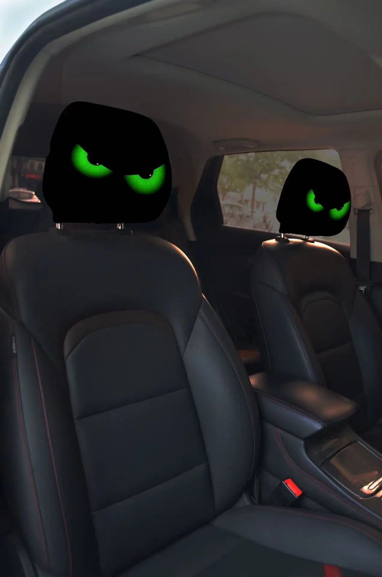 2pcs Horror-Themed Car Headrest Covers Black White Face Design Unfilled Interior