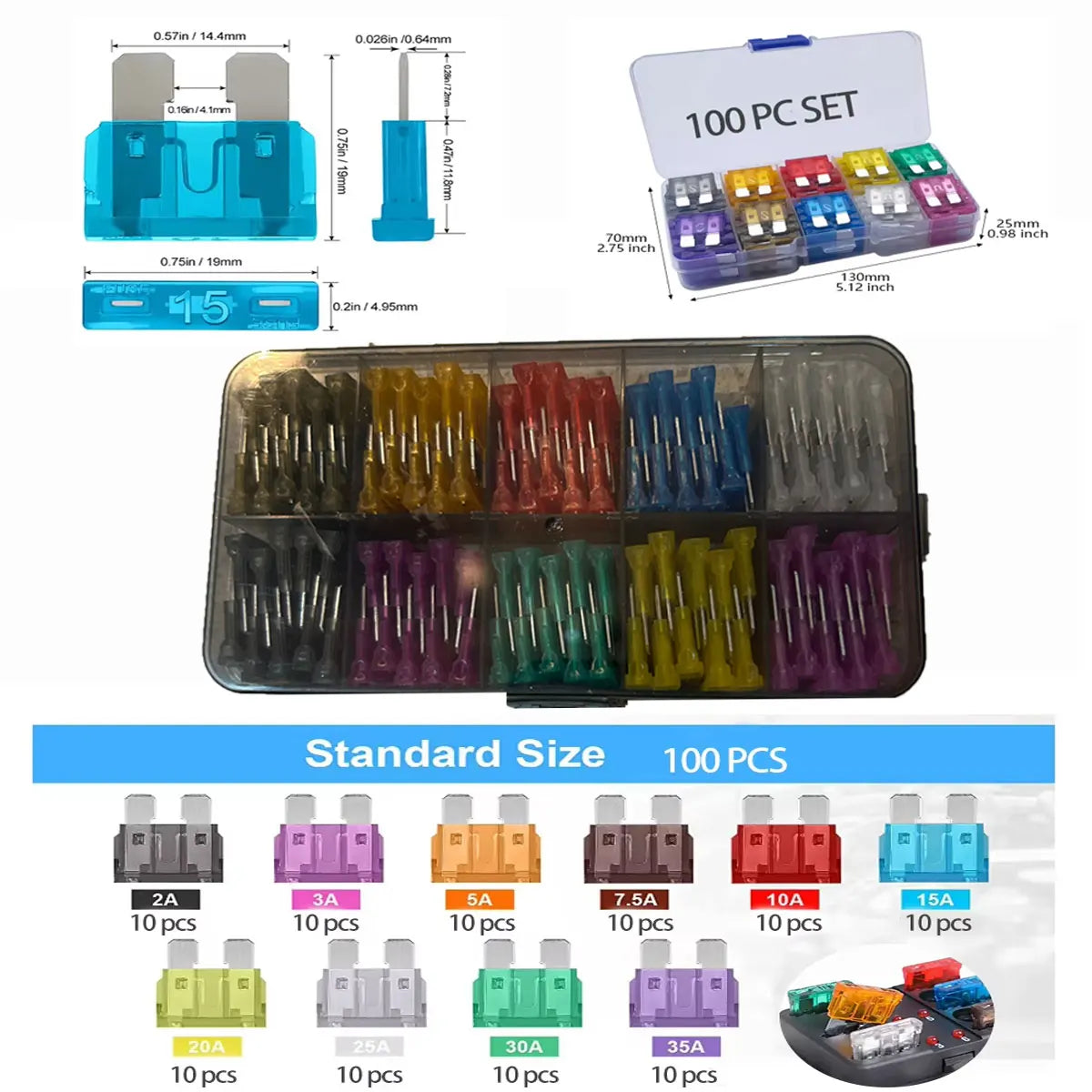 Assorted colored plug in fuses in a clear plastic case with visible fuse ratings. RH100 Multicolored 2a 3a 5a 7.5a 10a 15a 20a 25a 30a 35 amp