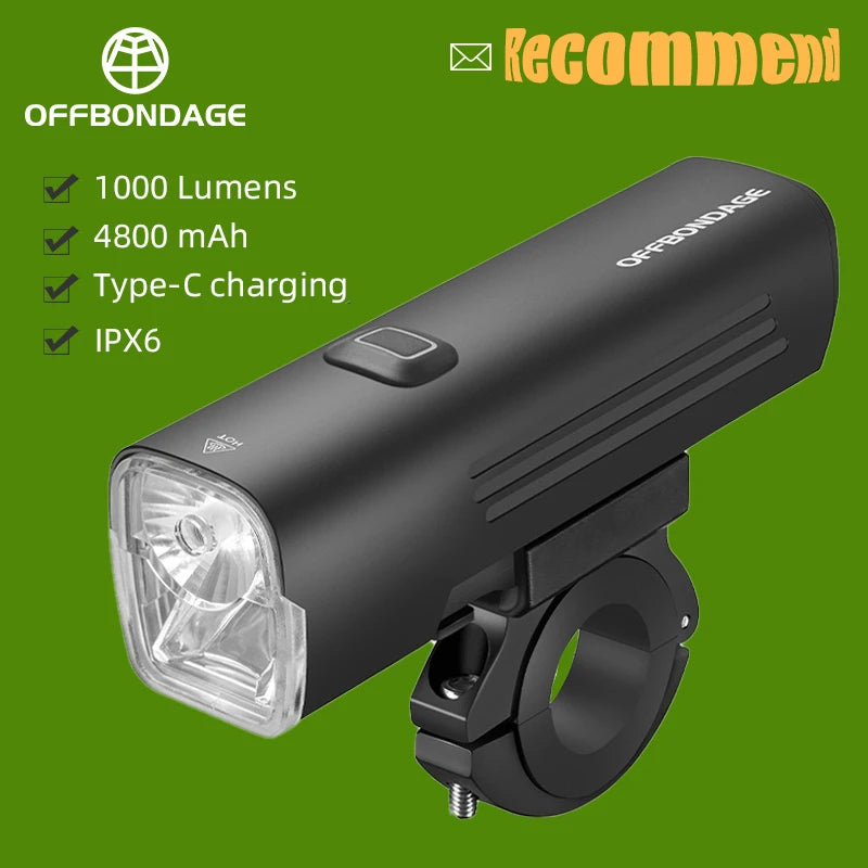 OFFBONDAGE Bike Front Light Rainproof USB Rechargeable Bicycle Light 1000LM Cycling Headlight LED 4800mAh Flashlight Bike Lamp