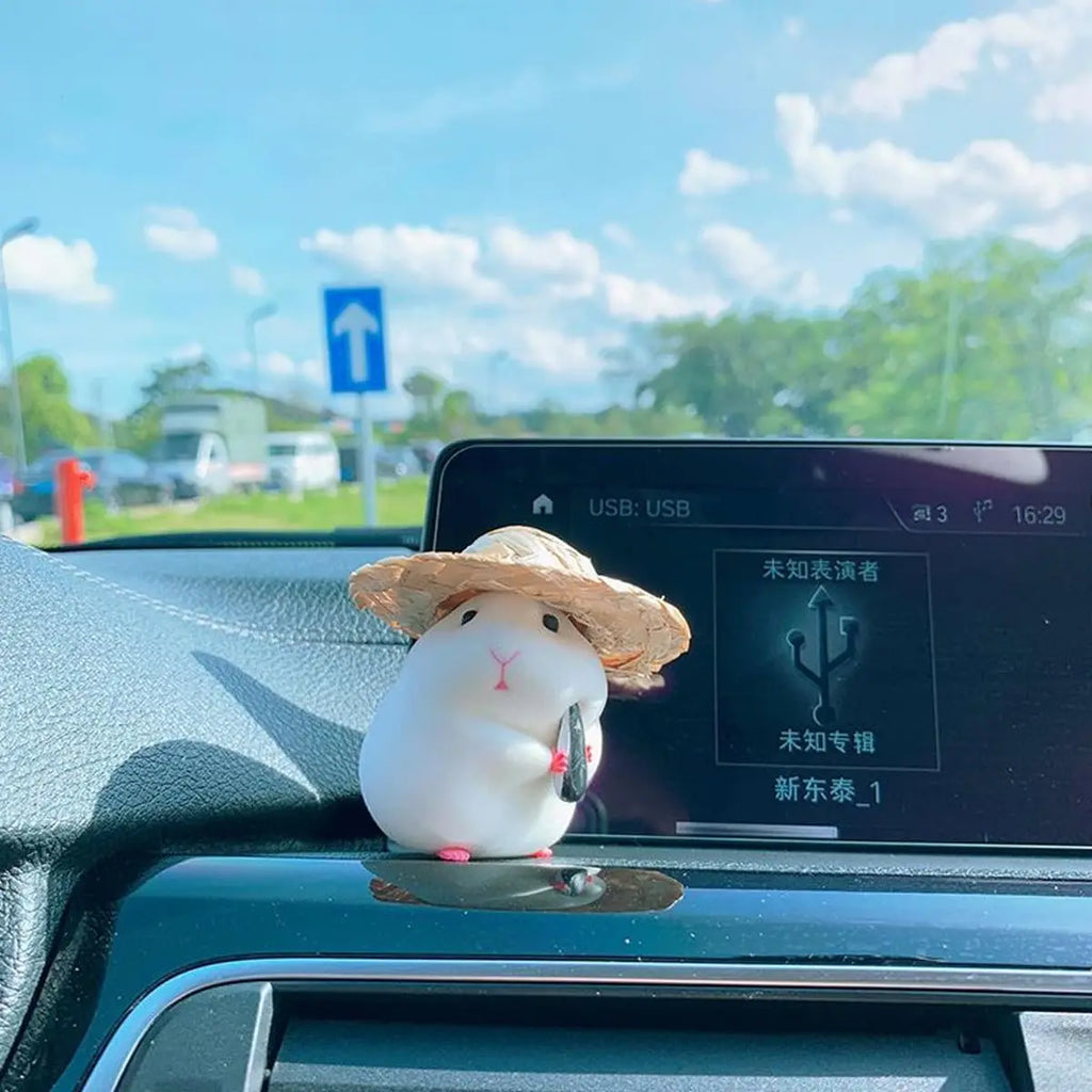 Cute Hamster with Straw Hat Car Ornament,Car Decoration Auto Interior Dashboard Premium Automotive Accessory
