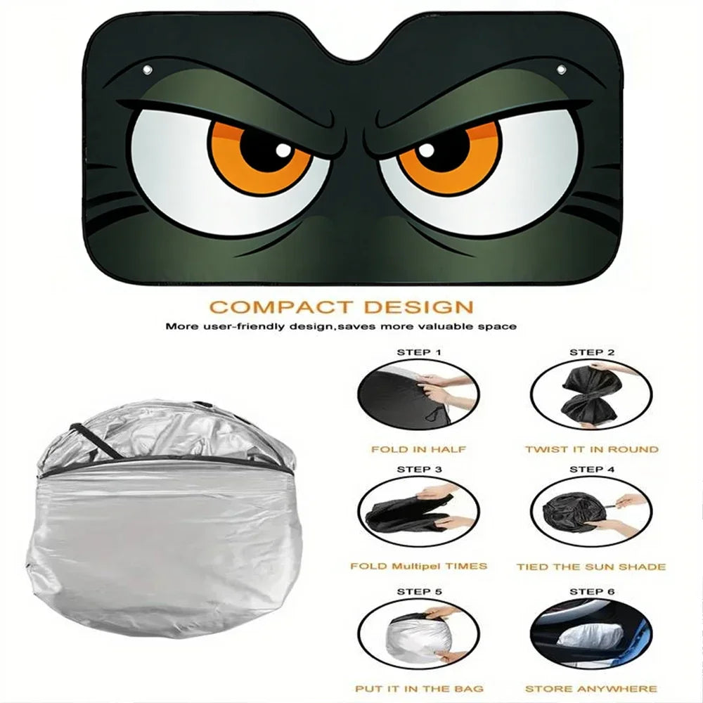 Cartoon Angry Eyes Car Windshield Sun Shade 51.1 Inches Universal Car Sun Visor
