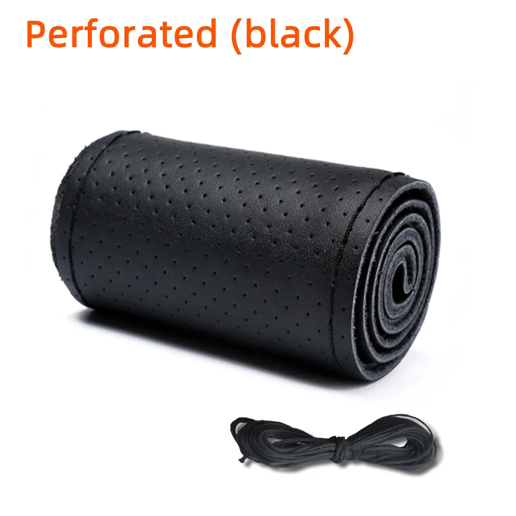 Universal Leather Car Steering Wheel Stitch On Wrap Cover Fit for 38cm 14" DIY