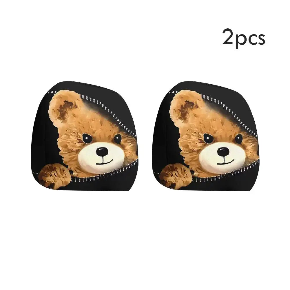 2PCS Bear Car Headrest Covers Universal Elastic Funny Printed Pillowcase