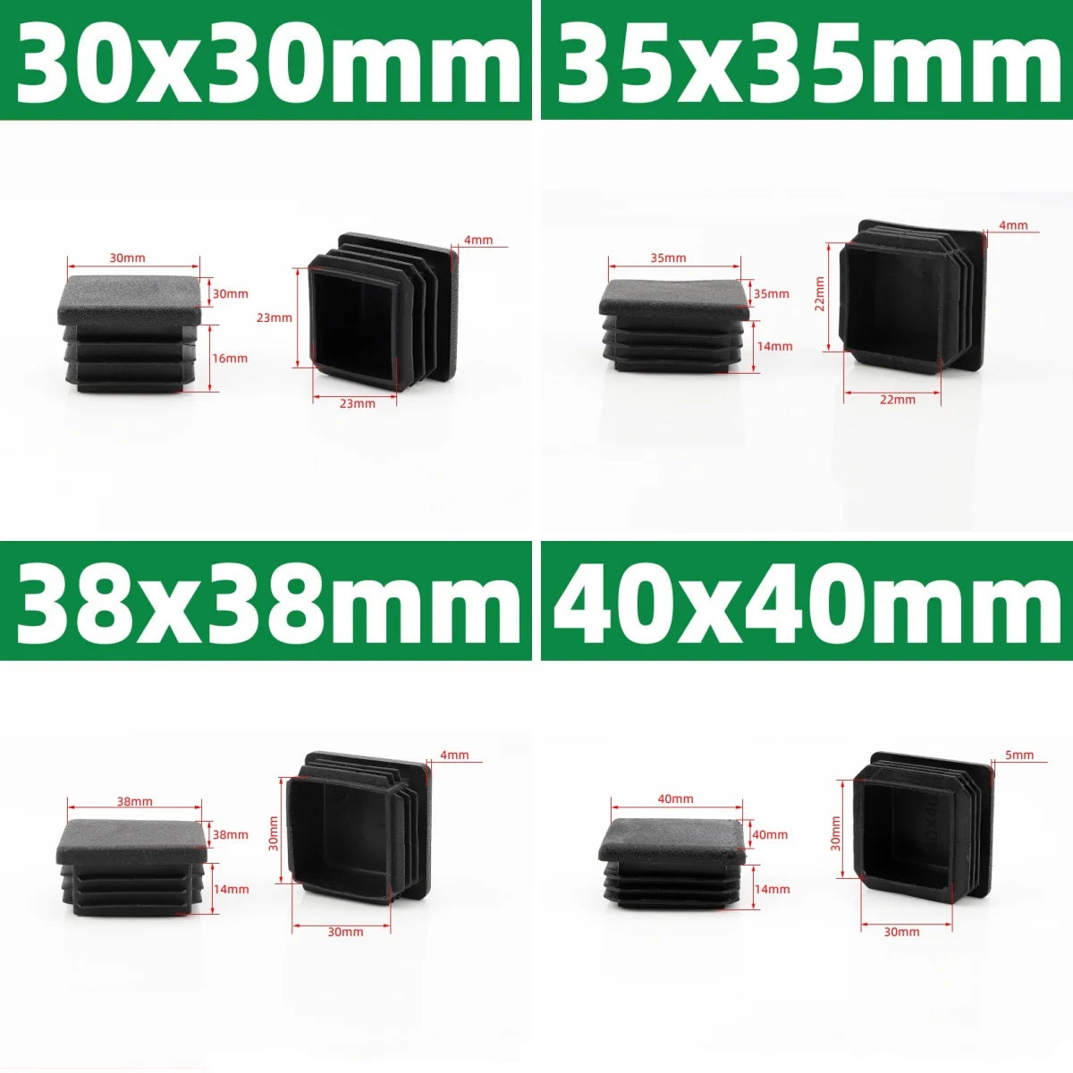 Black Square Oblong Plastic Pipe Plug Stopple Dust Plug Protective Cover Non-slip Mat Head End Cap Door Mat 16x16mm~80x40mm