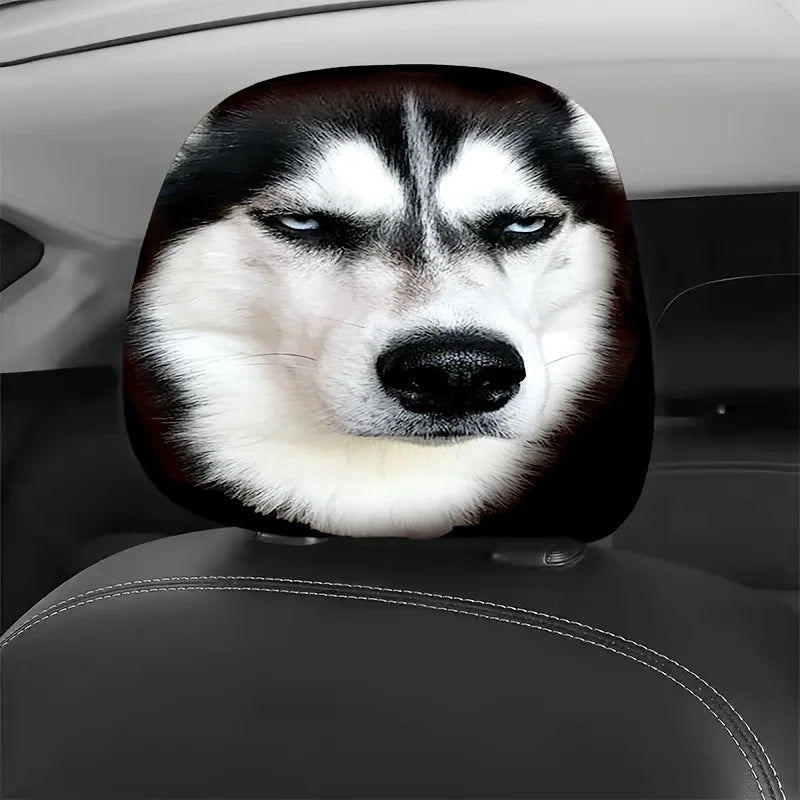 2 pcs Printed Car Headrest Covers Wolf Husky Dog Elastic Washable Interior Prote
